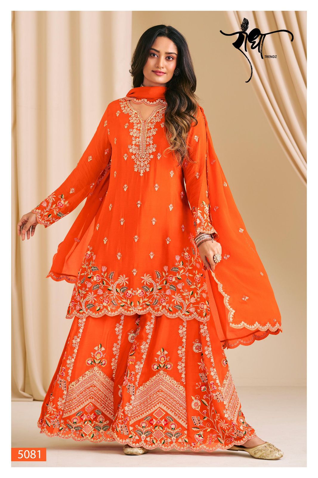 Orange Embroidered Festive Wear Palazzo Suit