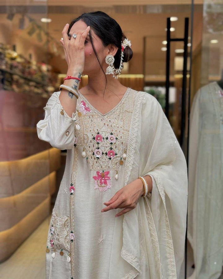 Al Noor Pearl White Embroidered Festive Wear Suit