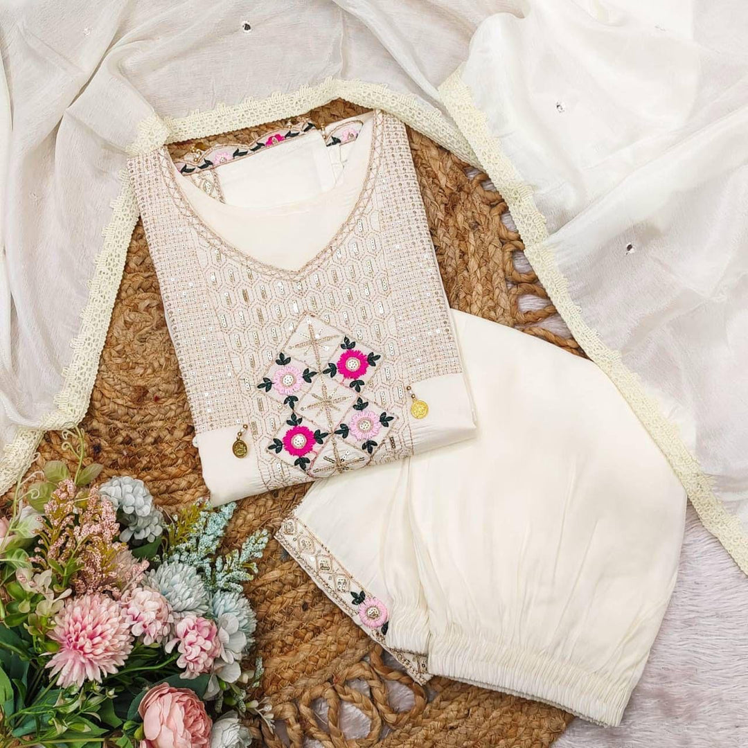 Al Noor Pearl White Embroidered Festive Wear Suit