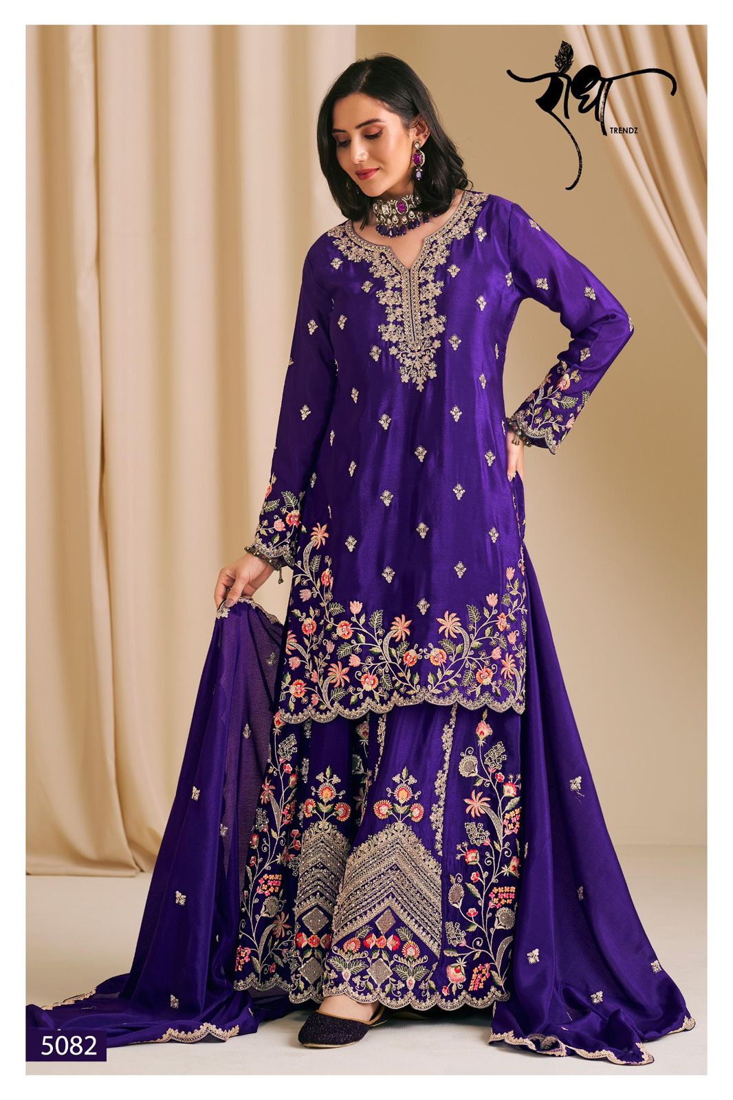 Purple Embroidered Festive Wear Palazzo Suit