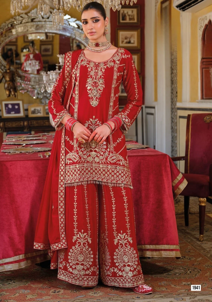 Dubai Mahal Rouge– Regal Embroidered Red Palazzo Suit Set