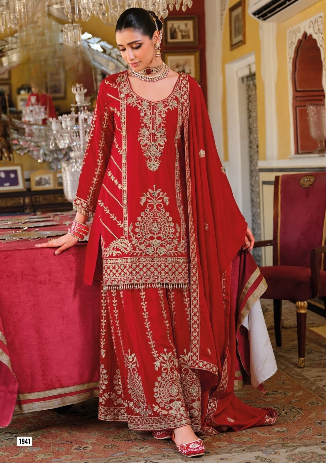 Dubai Mahal Rouge– Regal Embroidered Red Palazzo Suit Set