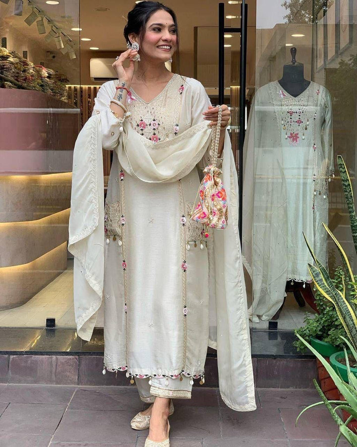 Al Noor Pearl White Embroidered Festive Wear Suit