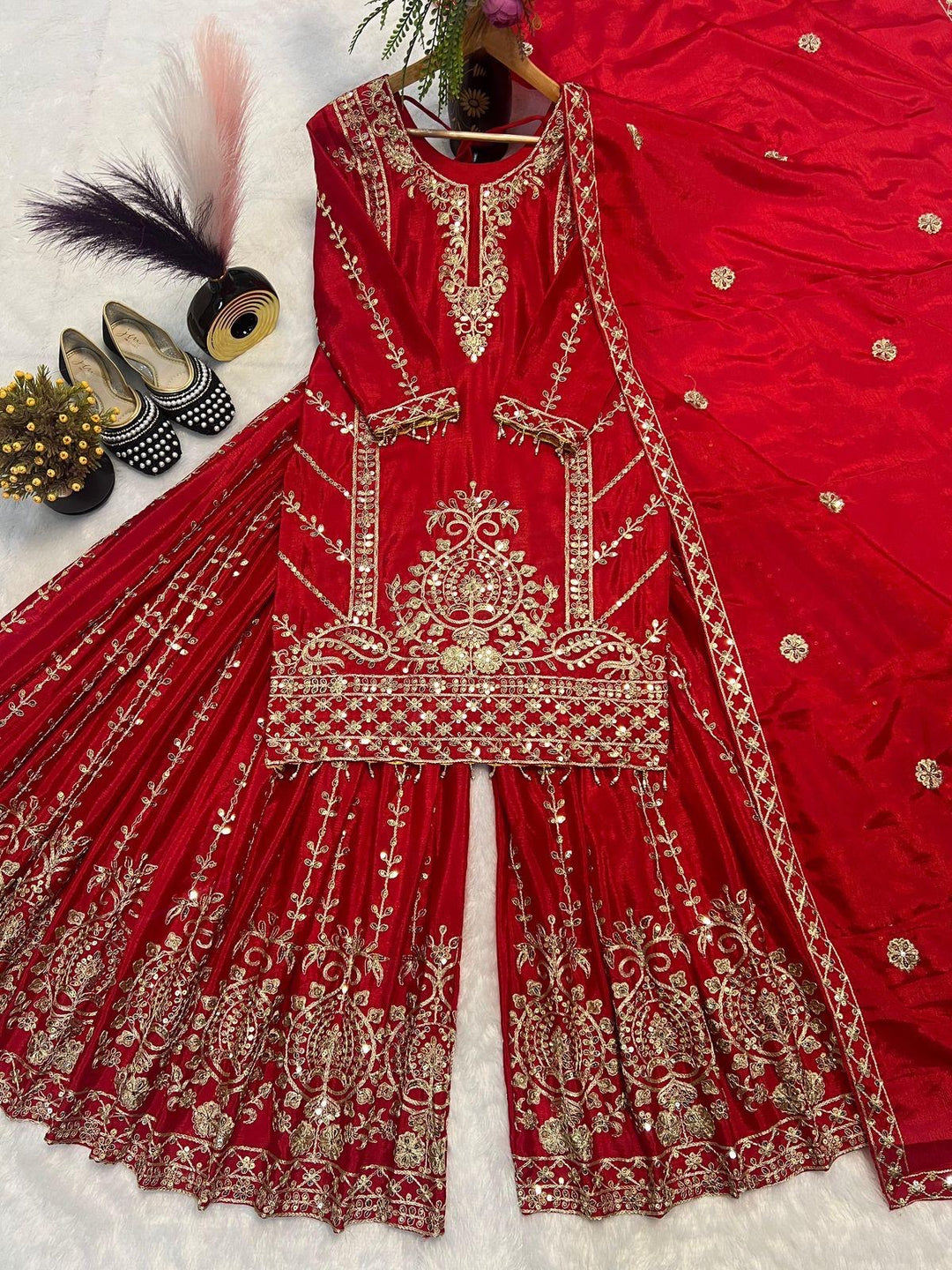 Dubai Mahal Rouge– Regal Embroidered Red Palazzo Suit Set