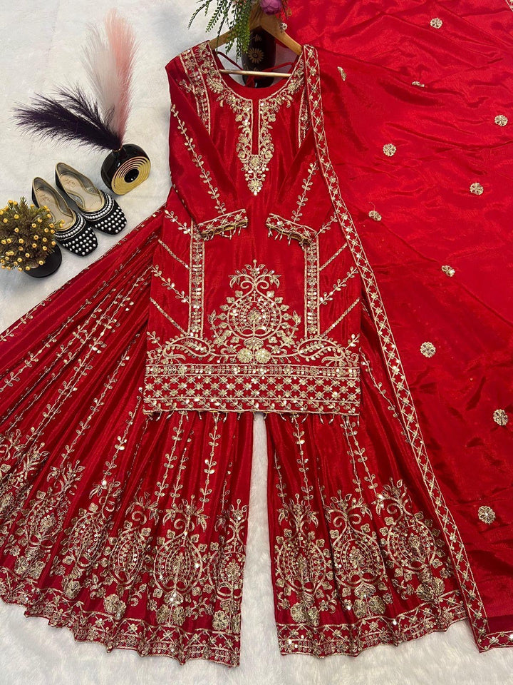 Dubai Mahal Rouge– Regal Embroidered Red Palazzo Suit Set