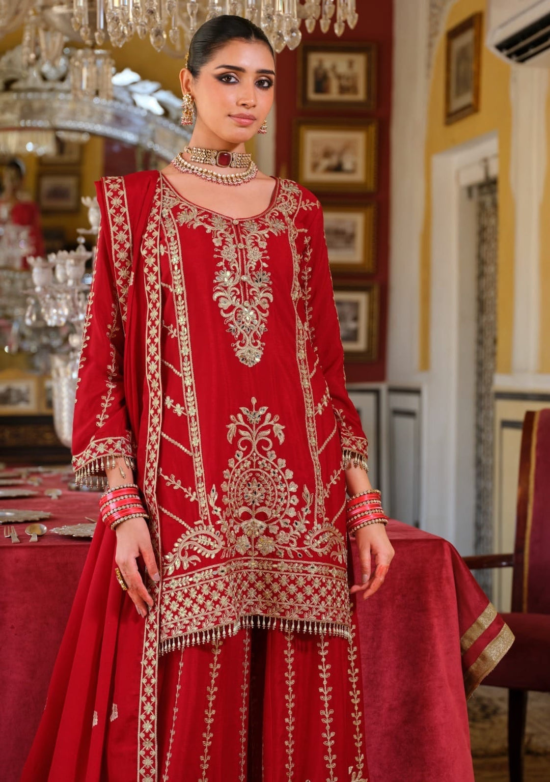 Dubai Mahal Rouge– Regal Embroidered Red Palazzo Suit Set