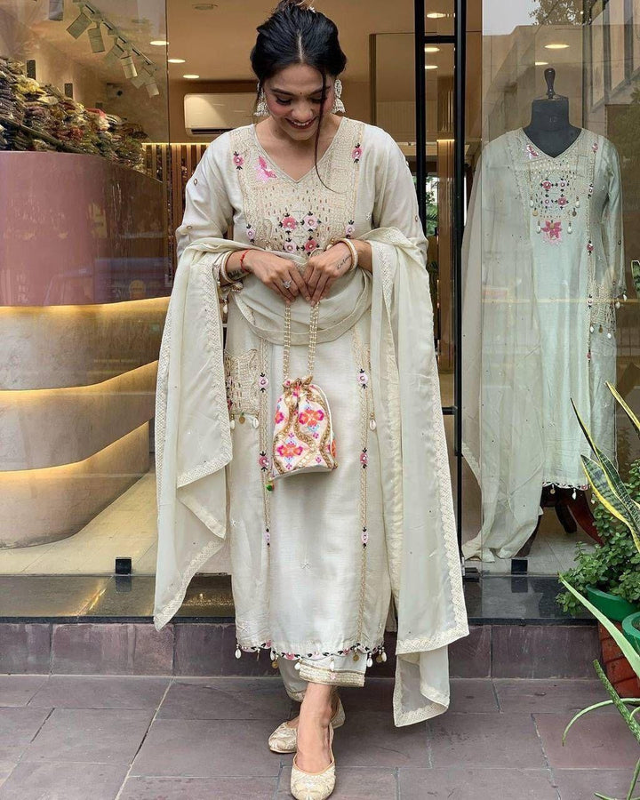 Al Noor Pearl White Embroidered Festive Wear Suit