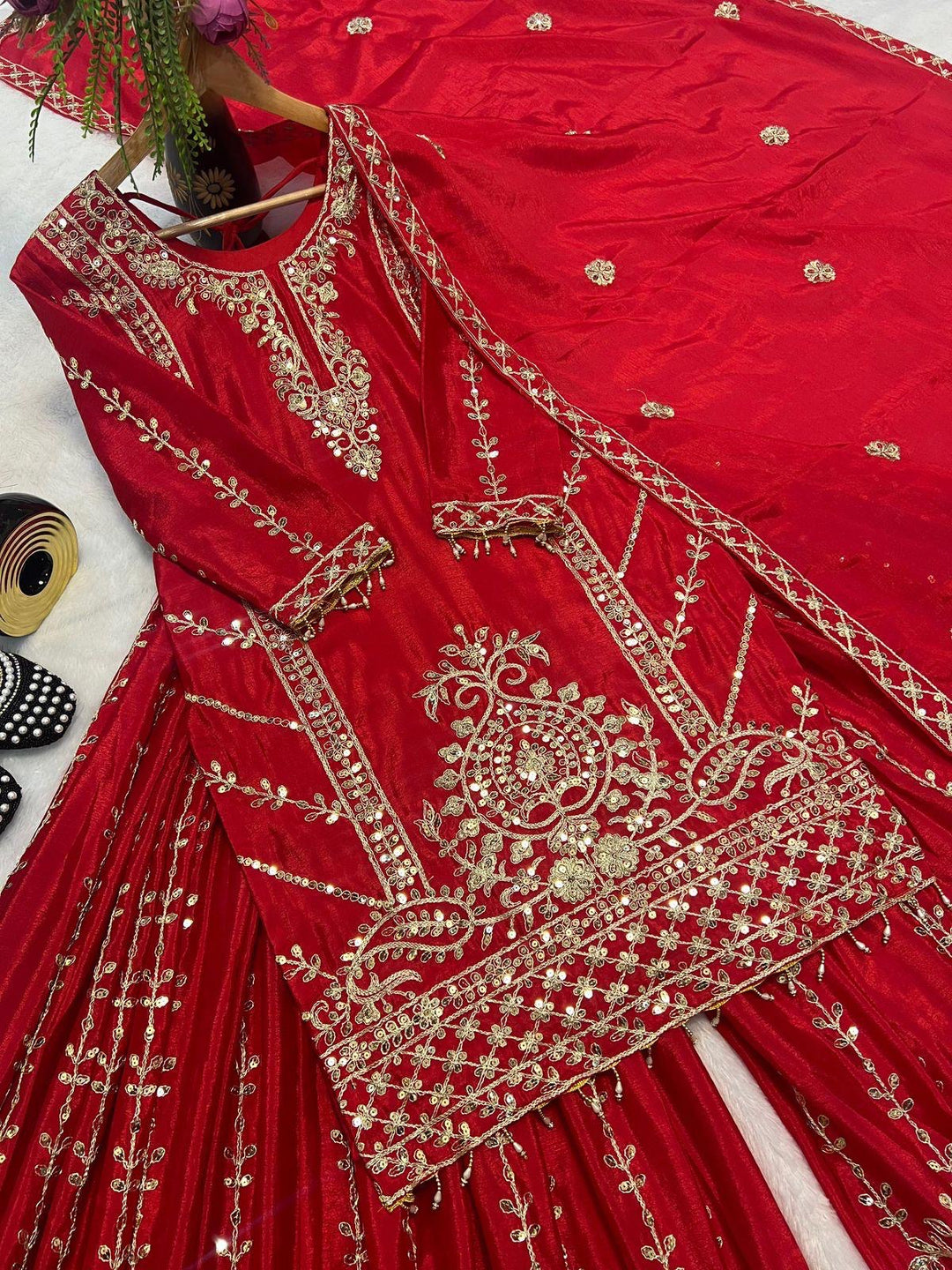 Dubai Mahal Rouge– Regal Embroidered Red Palazzo Suit Set