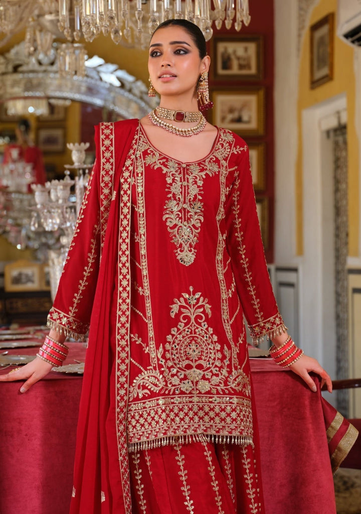 Dubai Mahal Rouge– Regal Embroidered Red Palazzo Suit Set