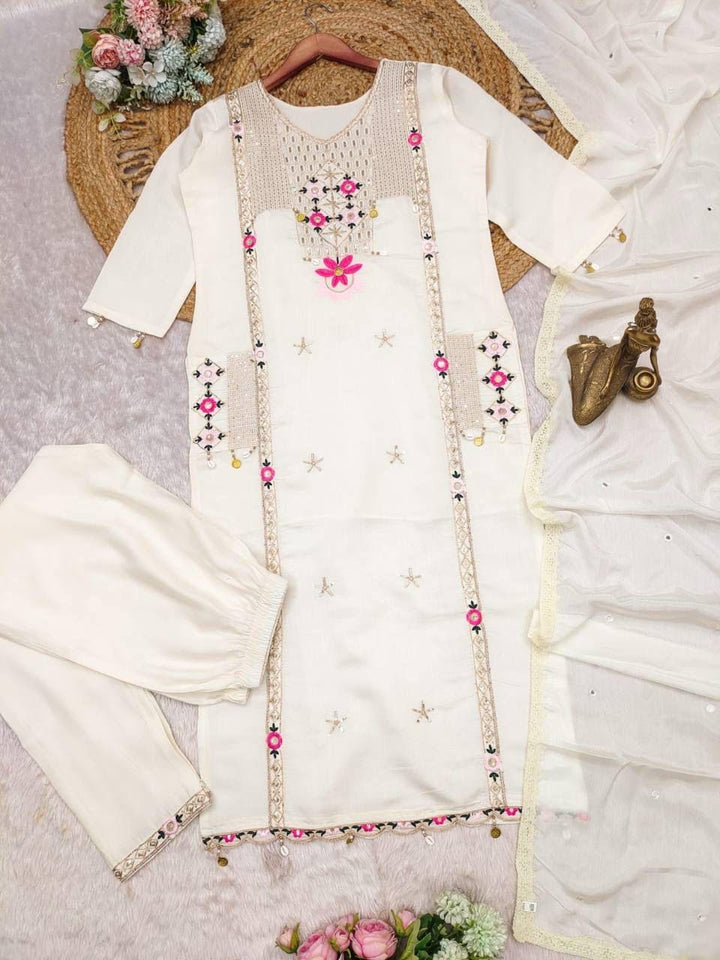 Al Noor Pearl White Embroidered Festive Wear Suit
