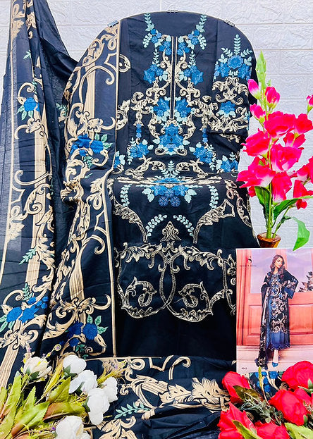 Woman wearing a black and teal embroidered pakistani suit with 3D floral detailing and matching dupatta – ideal for  receptions, festive wear in UAE from Meraki Vastram.