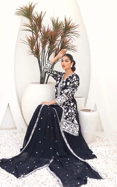 Blue Cotton Party Wear Centre Slit lehenga Set