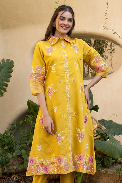 Al Ain Bloom Yellow Floral Embroidered Co-ord Set For Summers