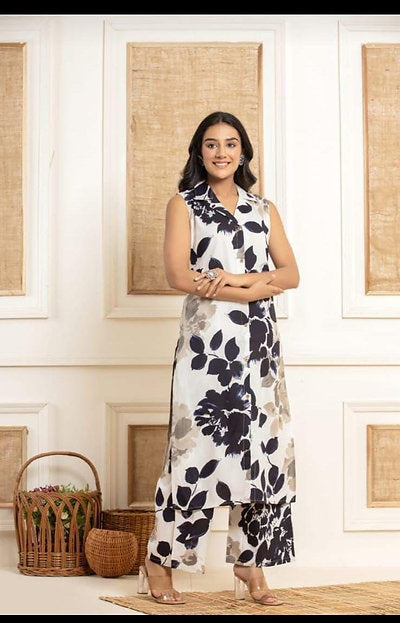 Printed Collar Kurta Palazzo Office Wear Co-ord Set