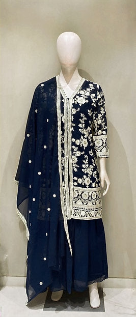 Blue Cotton Party Wear Centre Slit lehenga Set