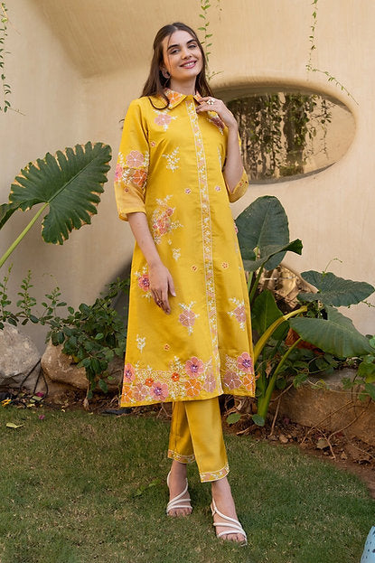 Al Ain Bloom Yellow Floral Embroidered Co-ord Set For Summers