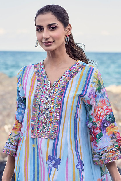 Jumeirah Bloom Breezy & Bold Printed Blue Beach Co-ord Set For Women