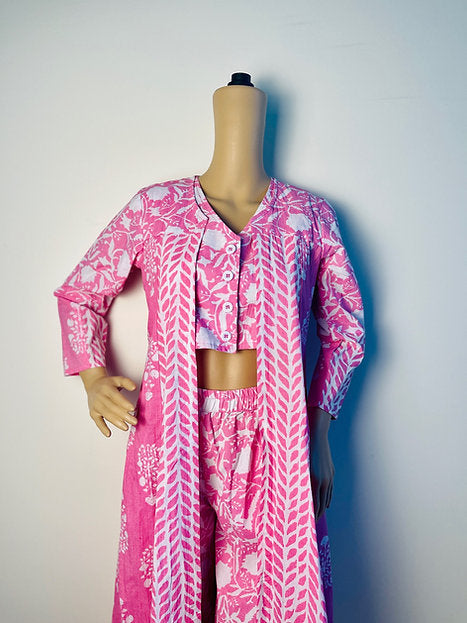 Baby Pink Crop Top Pant Cotton Shrug Indo Western Set