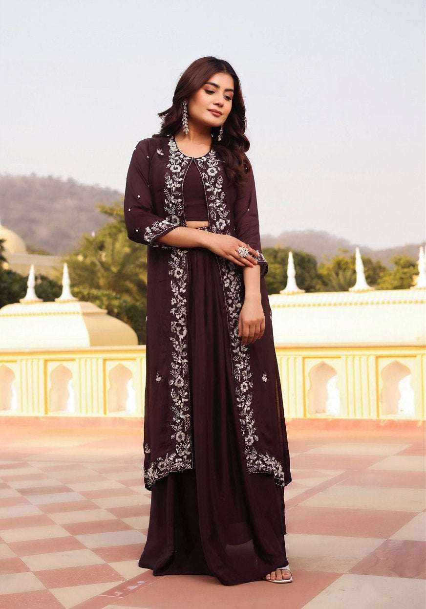 Wine Crop Top Shrug Lehenga Party Wear Designer Set