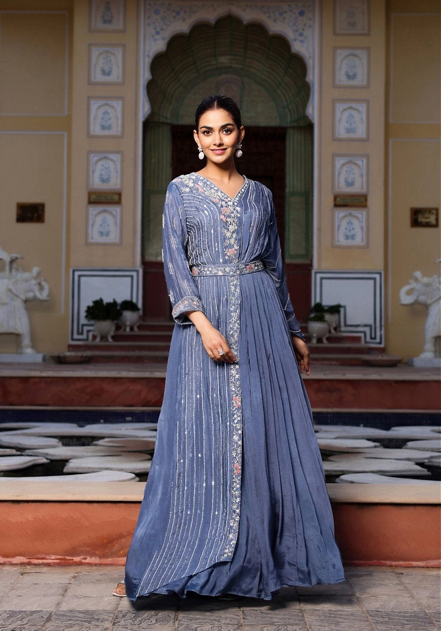 Blue Hand Embroidered Party Wear Cocktail Designer Gown