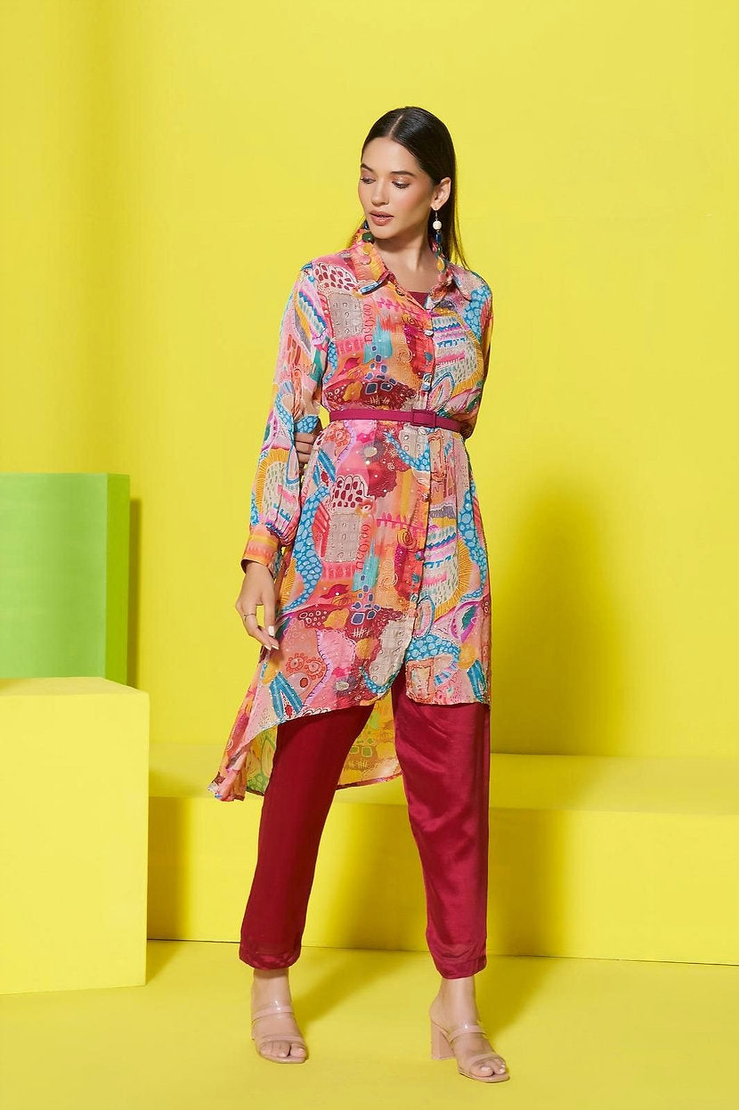 Vibrant Trendy Printed Co-ord Set With Belt