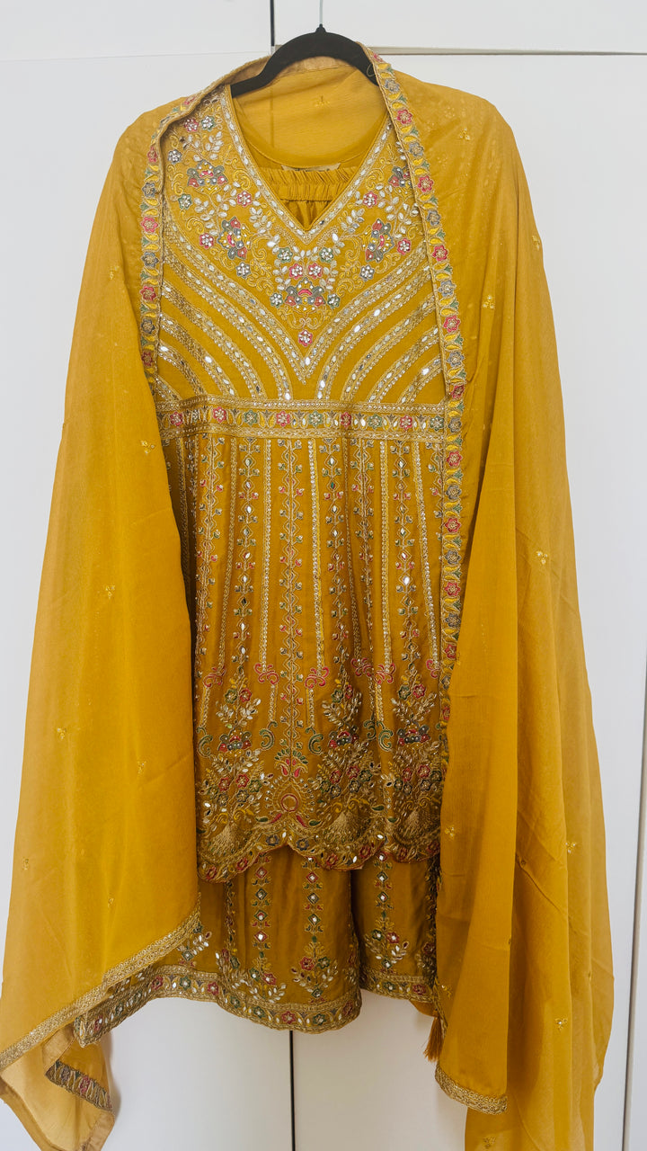 Mustard Embroidered Peplum Style Palaazo Suit Set
