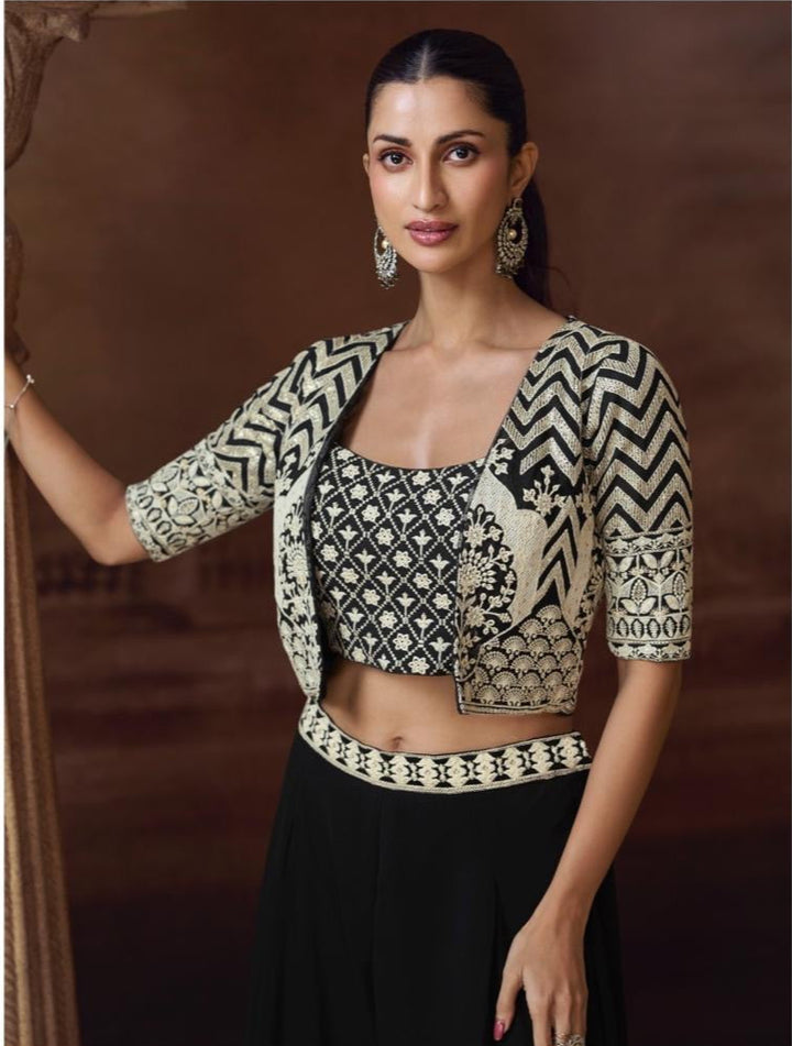 Black Party Wear 3 Piece Embroidered Jacket With Palazzo Set