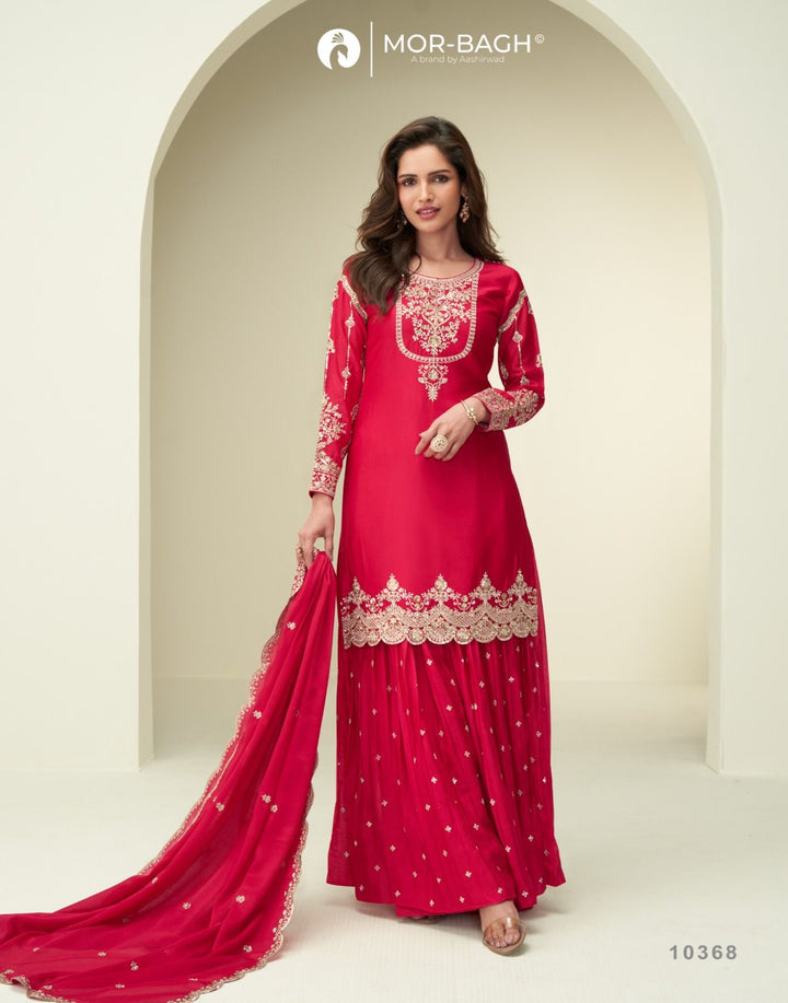 Red Karwachauth Special Party Wear Embroidered Straight Kurta With Palazzo and Red Dupatta