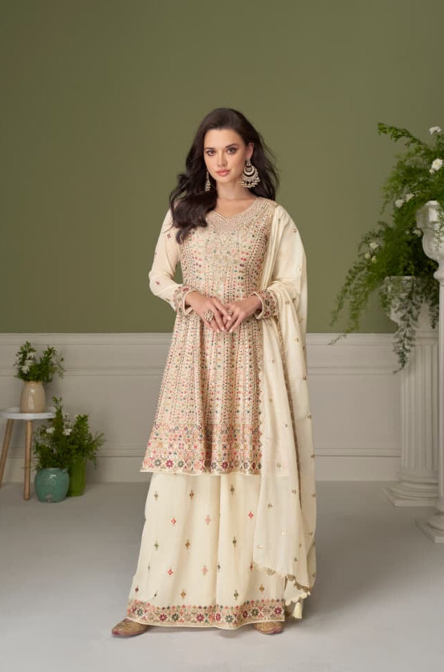 Cream Anarkali Style Palazzo Party Wear Embroidered Suit Set