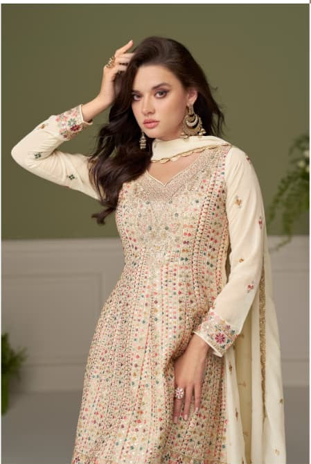 Cream Anarkali Style Palazzo Party Wear Embroidered Suit Set