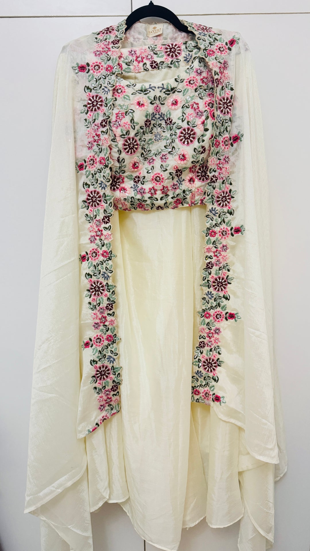 White 3 piece Indo Western Floral Embroidered Cape Set