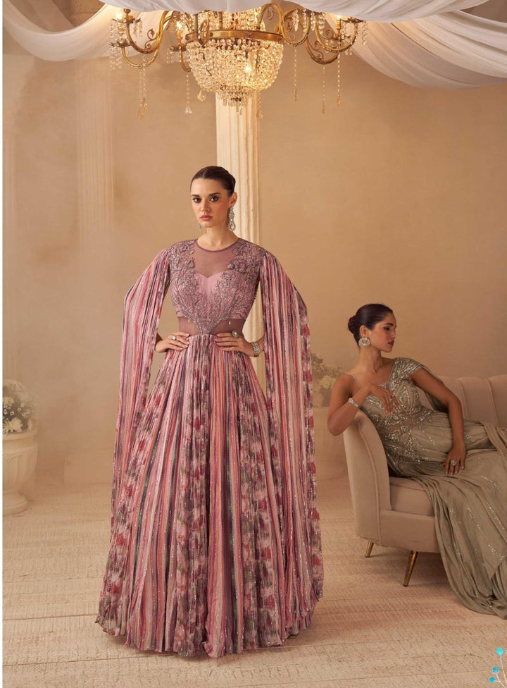 Shades Of Pink Wedding Special Hand Embroidered Gown with Dramactic Sleeves