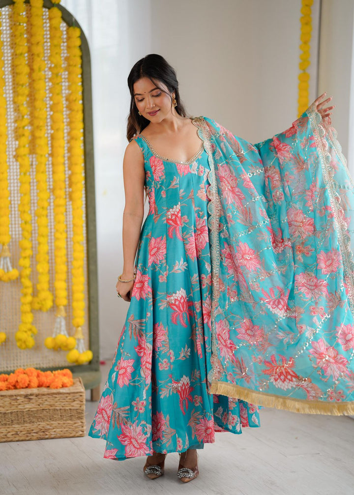 Light Blue Floral Long Anarkali Festive Suit