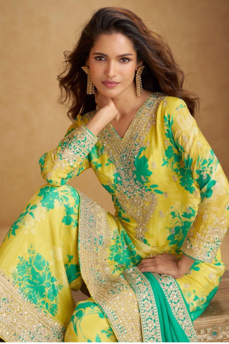 Yellow Green Printed Dual Shade Palazzo Festive Suit Set