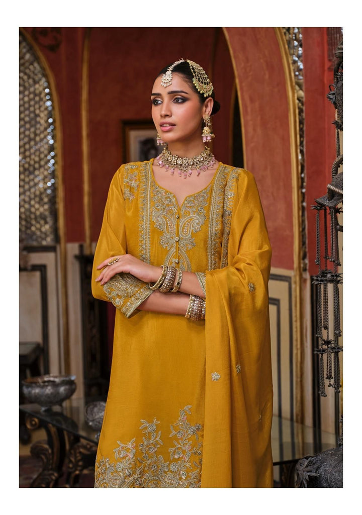 Dubai Golden Souk Rouge– Regal Embroidered Mustard Yellow Palazzo Suit Set