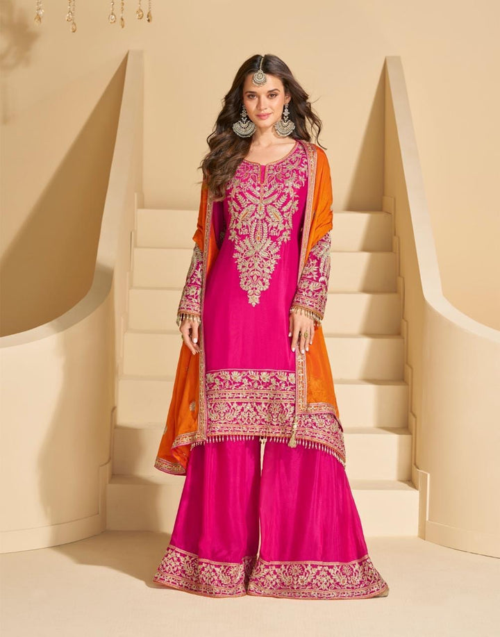 Rani Pink Anarkali Style Festive Embroidered Palazzo Suit