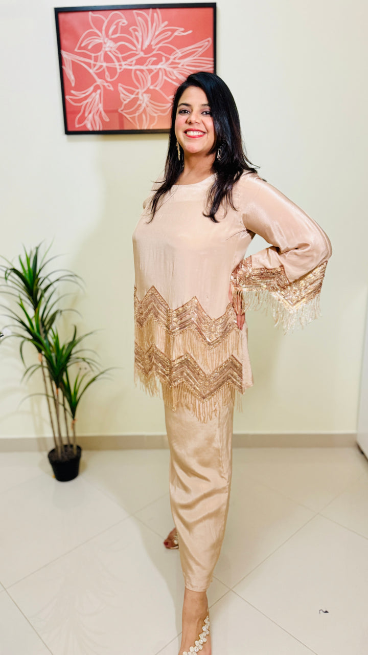Beige Party Wear Embroidered Coord Set
