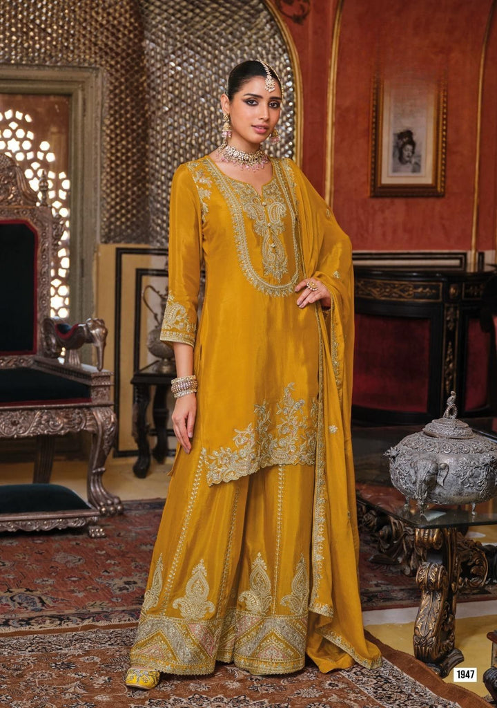 Dubai Golden Souk Rouge– Regal Embroidered Mustard Yellow Palazzo Suit Set