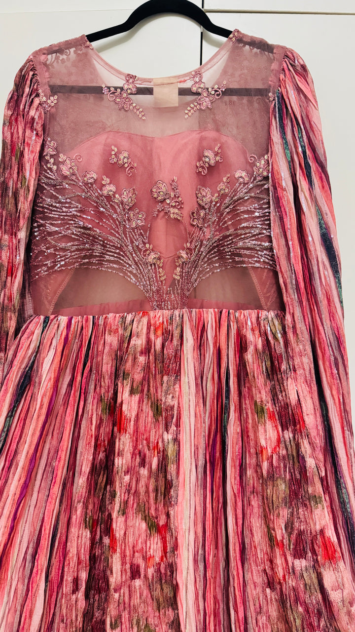 Shades Of Pink Wedding Special Hand Embroidered Gown with Dramactic Sleeves