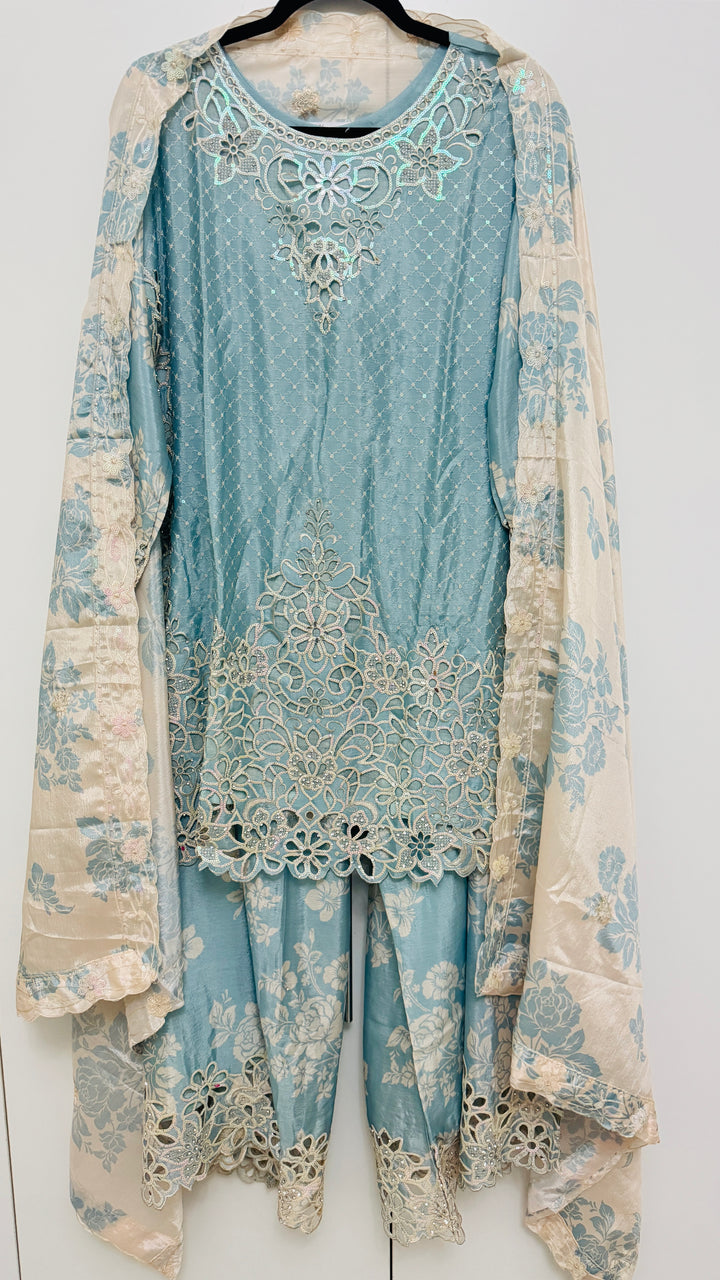 Noor Al Dubai Light Blue Itra Cutwork-Palazzo Set