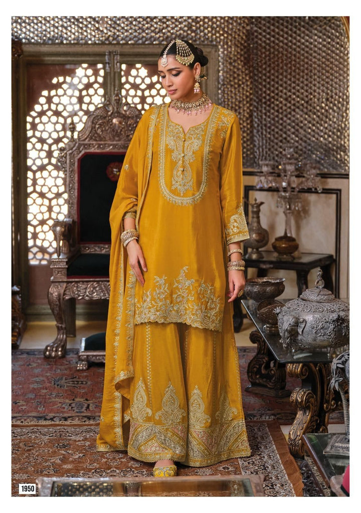 Dubai Golden Souk Rouge– Regal Embroidered Mustard Yellow Palazzo Suit Set