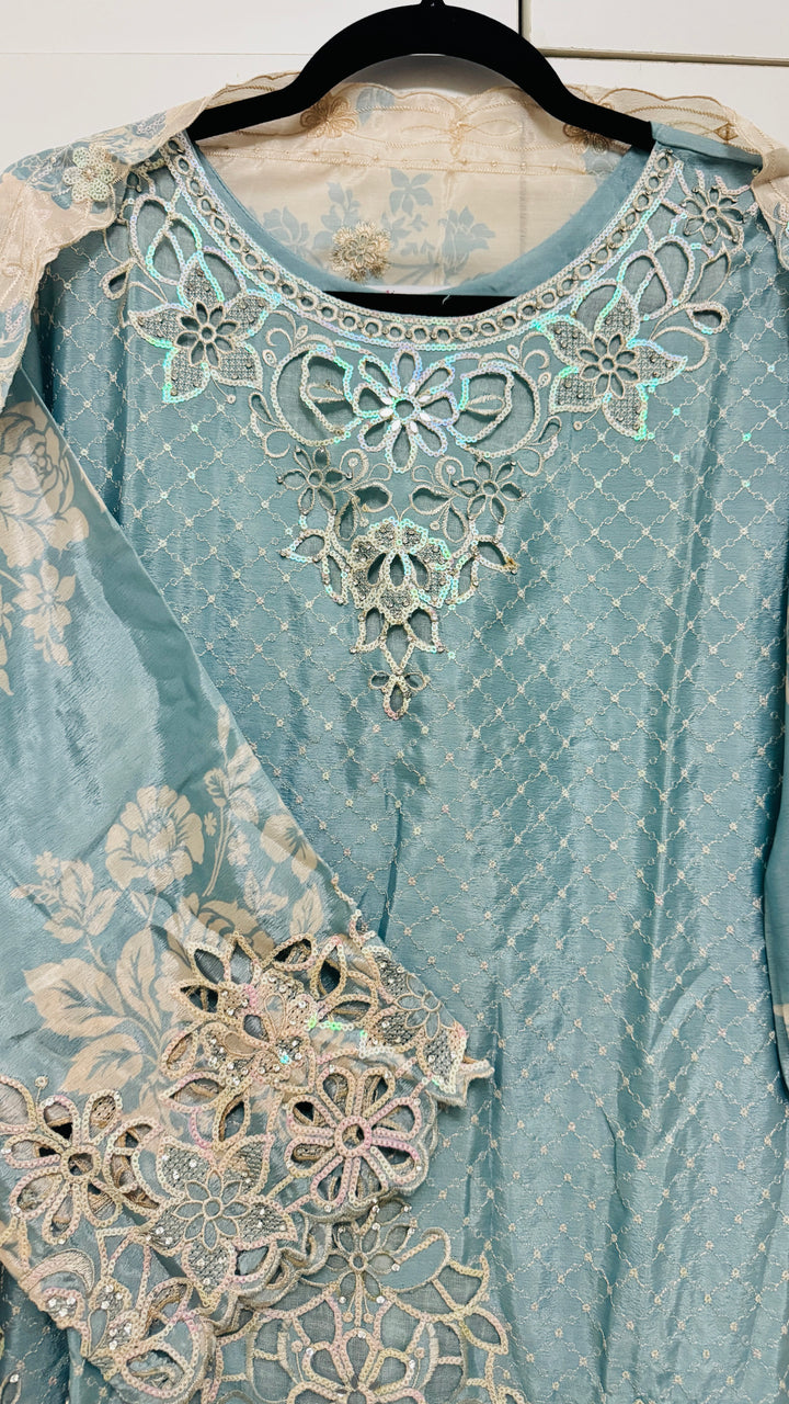 Noor Al Dubai Light Blue Itra Cutwork-Palazzo Set
