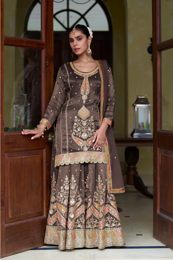 Mocha Brown multi colour Embroidered Party Wear Skirt Lehenga Set