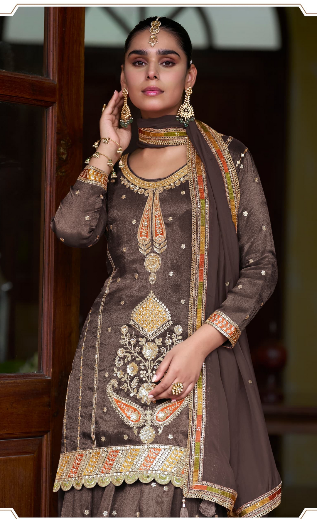 Mocha Brown multi colour Embroidered Party Wear Skirt Lehenga Set