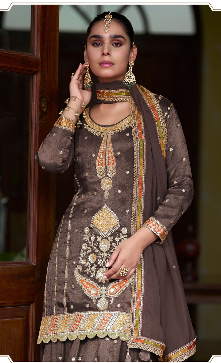 Mocha Brown multi colour Embroidered Party Wear Skirt Lehenga Set