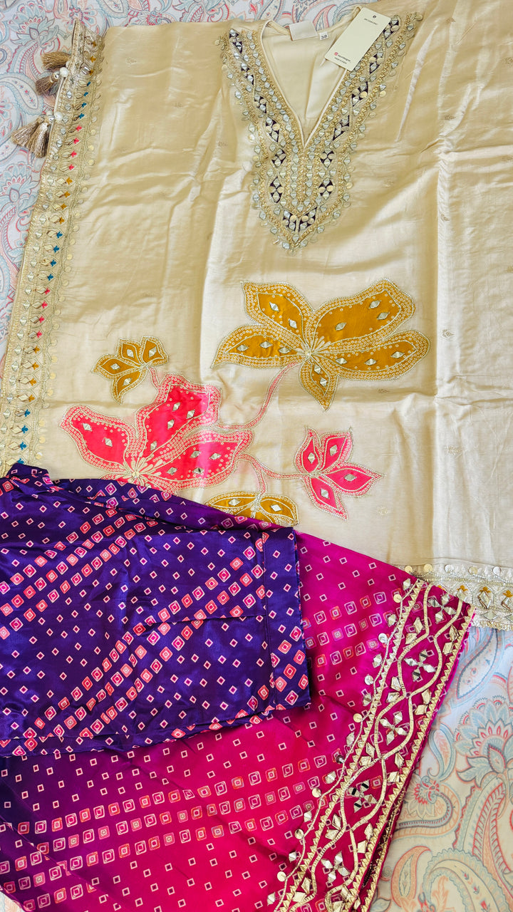 Off White Embroidered  gotta patti party wear purple bandhani sharara kaftan set