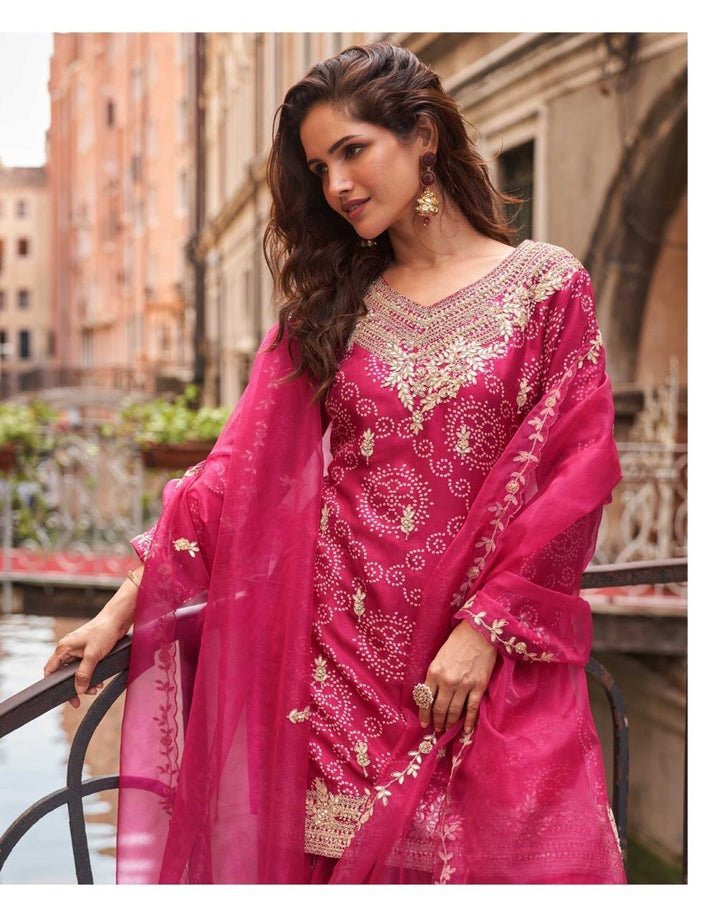 Rani Pink Bhandej Festive Wear Palazzo Suit
