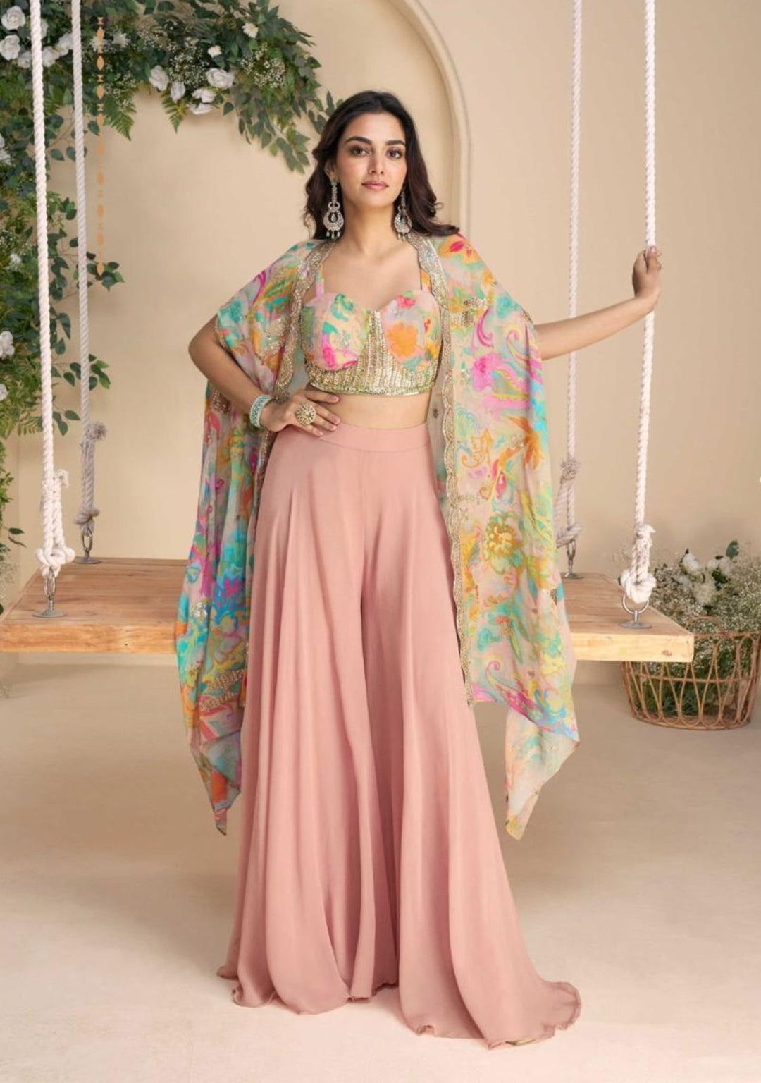 Layali – Blush Pink Cape Party Wear Set