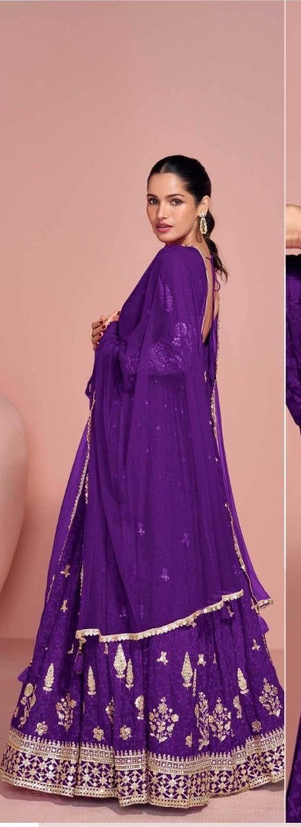 Purple Embroidered Tradtional Anarkali Gown Set