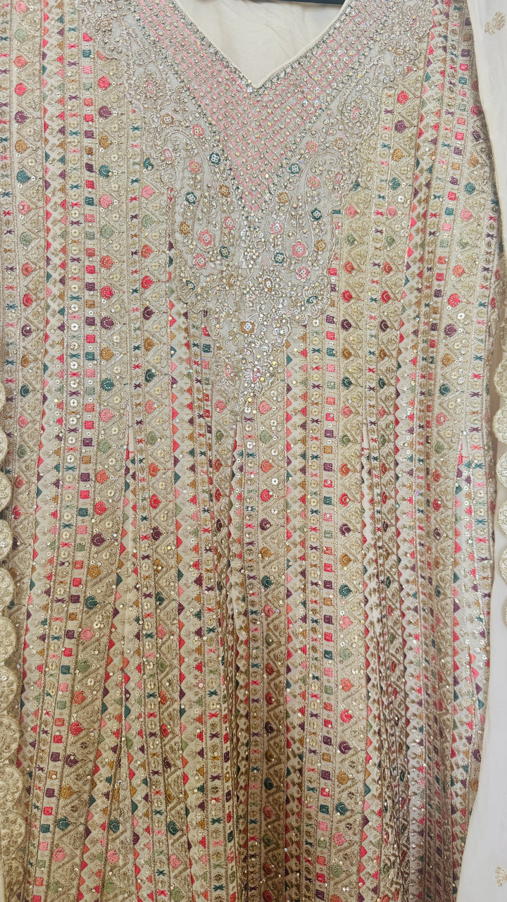 Cream Anarkali Style Palazzo Party Wear Embroidered Suit Set